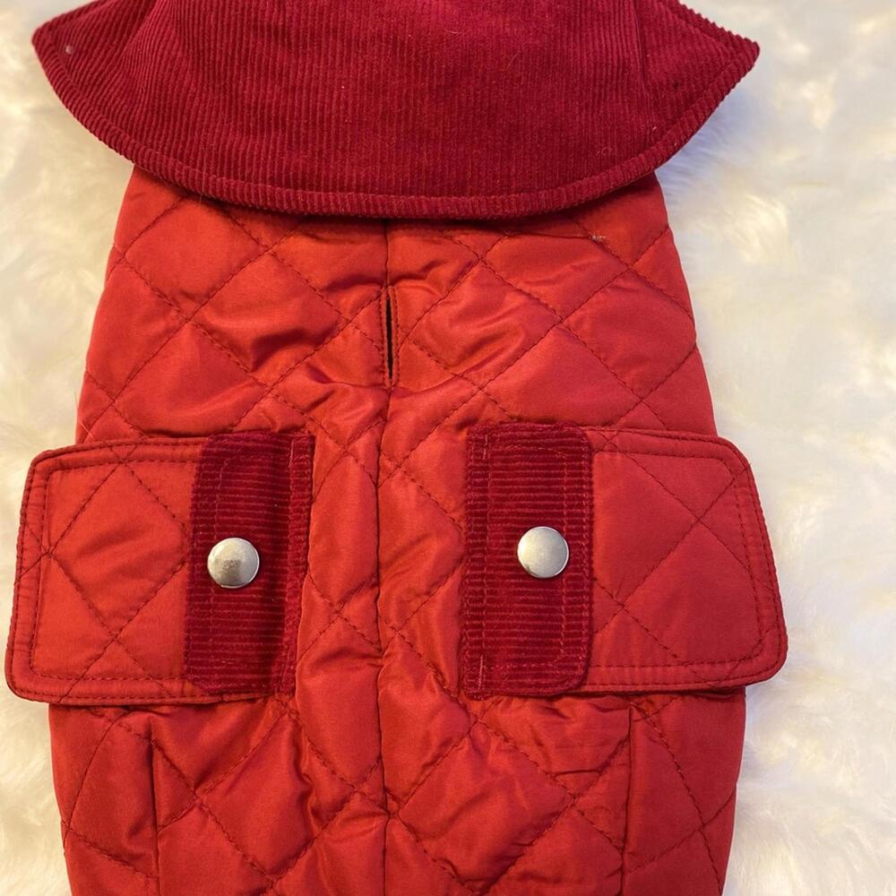 Red Quilted Dog Jacket with Corduroy Accents